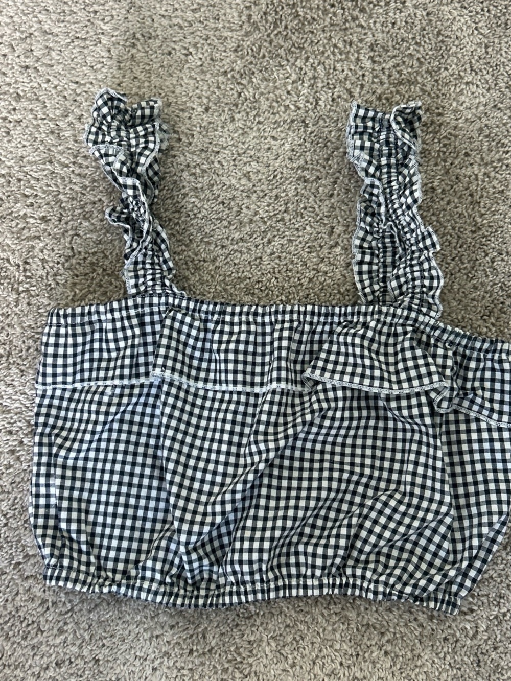 Gingham Ruffle Crop Tank Top - Black & White